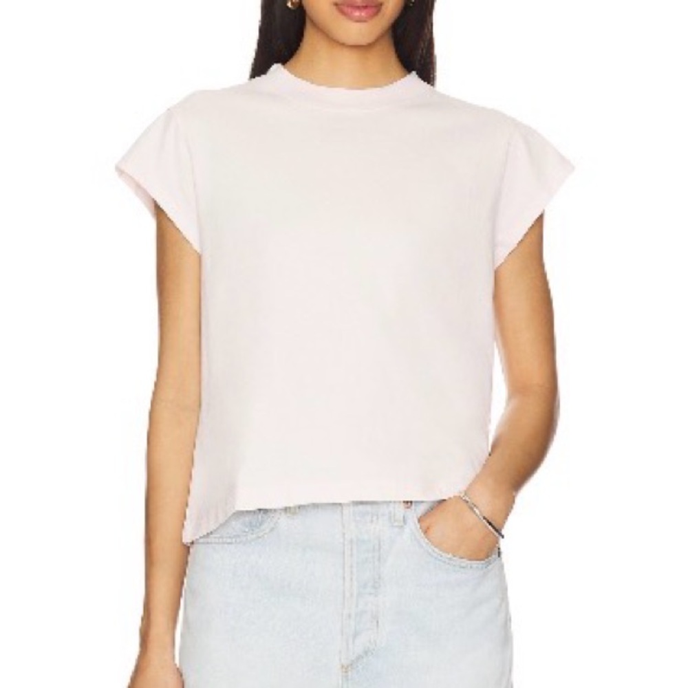 AGOLDE Everyday Crewneck Cap-Sleeve Top in Light Pink